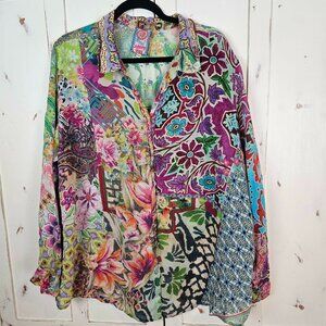 Johnny Was Patchwork Floral Button Down Blouse Boho Print XXL